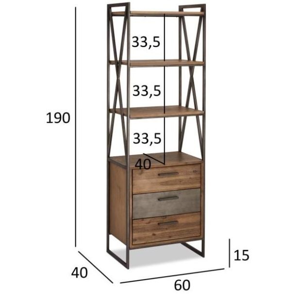 Shanghai 60 cm bogreol olieret massivt akacietr med hylder og skuffer.