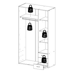 Saga 200 garderobeskab 115 cm bredt, 3 dre, 4 hylder og 3 skuffer