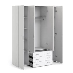 Saga 200 garderobeskab 154 cm bredt, 4 dre, 3 store skuffer og hele 10 hylder