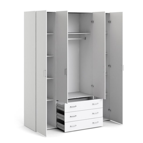 Saga 200 garderobeskab 154 cm bredt, 4 dre, 3 store skuffer og hele 10 hylder