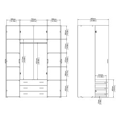 Saga 200 garderobeskab 154 cm bredt, 4 dre, 3 store skuffer og hele 10 hylder