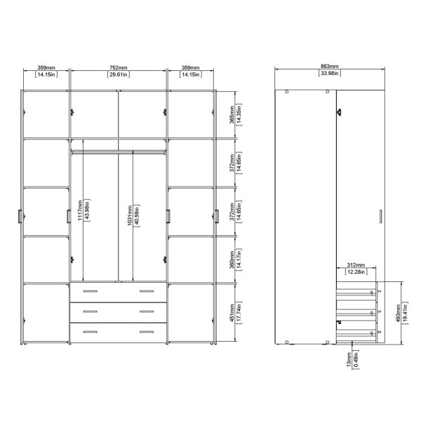 Saga 200 garderobeskab 154 cm bredt, 4 dre, 3 store skuffer og hele 10 hylder