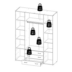 Saga 200 garderobeskab 154 cm bredt, 4 dre, 3 store skuffer og hele 10 hylder