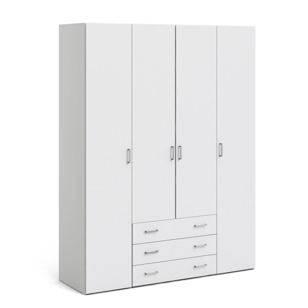 Saga 200 garderobeskab 154 cm bredt, 4 dre, 3 store skuffer og hele 10 hylder