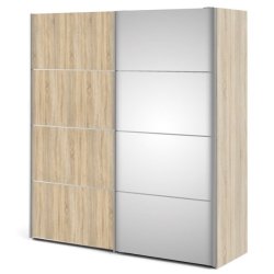 Modena garderobeskab 180cm bredt en spejldr og en skydedr i ege look
