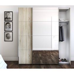 Modena garderobeskab 180cm bredt en spejldr og en skydedr i ege look