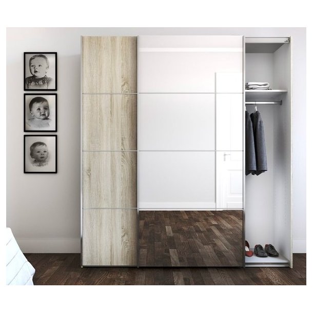 Modena garderobeskab 180cm bredt en spejldr og en skydedr i ege look
