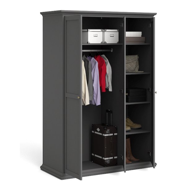 Frisenborg garderobeskab, 140 cm bredt med 3 dre og inkl 5 hylder mat gr