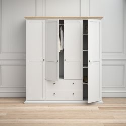 Frisenborg garderobeskab, 180cm bredt med 4 dre, 2 skuffer og 8 hylder