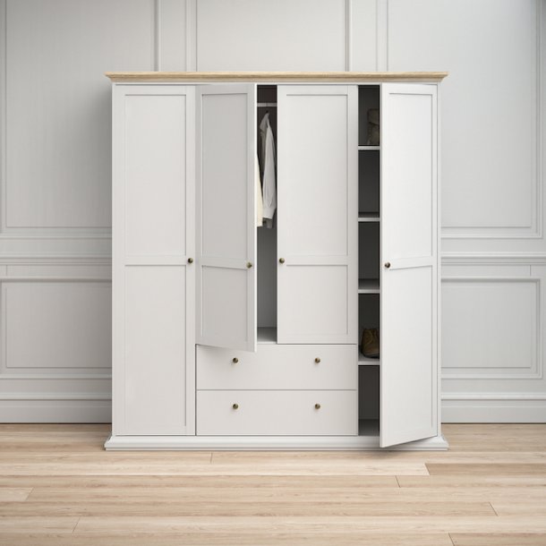 Frisenborg garderobeskab, 180cm bredt med 4 dre, 2 skuffer og 8 hylder