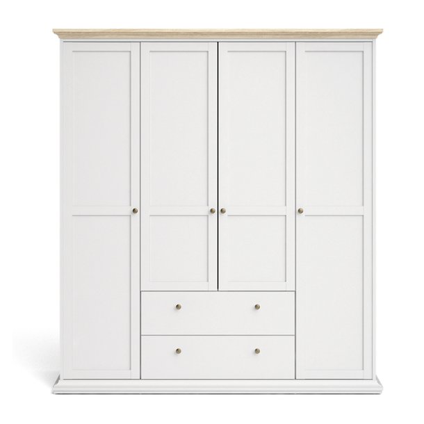 Frisenborg garderobeskab, 180cm bredt med 4 dre, 2 skuffer og 8 hylder