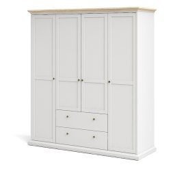 Frisenborg garderobeskab, 180cm bredt med 4 dre, 2 skuffer og 8 hylder