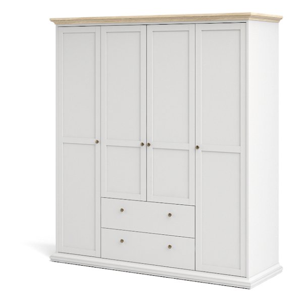 Frisenborg garderobeskab, 180cm bredt med 4 dre, 2 skuffer og 8 hylder