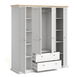 Frisenborg garderobeskab, 180cm bredt med 4 dre, 2 skuffer og 8 hylder