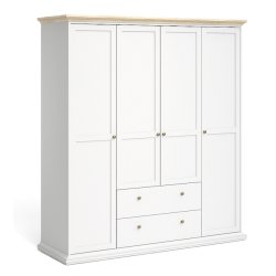 Frisenborg garderobeskab, 180cm bredt med 4 dre, 2 skuffer og 8 hylder