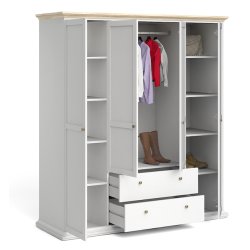 Frisenborg garderobeskab, 180cm bredt med 4 dre, 2 skuffer og 8 hylder