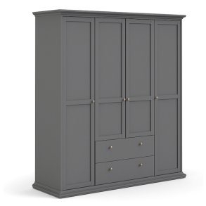 Frisenborg garderobeskab, 180cm bredt med 4 dre, 2 skuffer og 8 hylder, mat gr