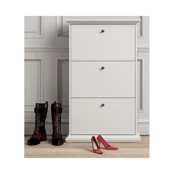 Frisenborg hvidt skoskab 75 cm bredt og med 3 vippel�ger og plads til ca. 18 par sko