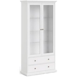 Frisenborg 100 cm bred hvidt vitrineskab med glasdre, hylder og skuffer.