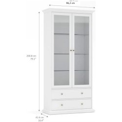 Frisenborg 100 cm bred hvidt vitrineskab med glasdre, hylder og skuffer.