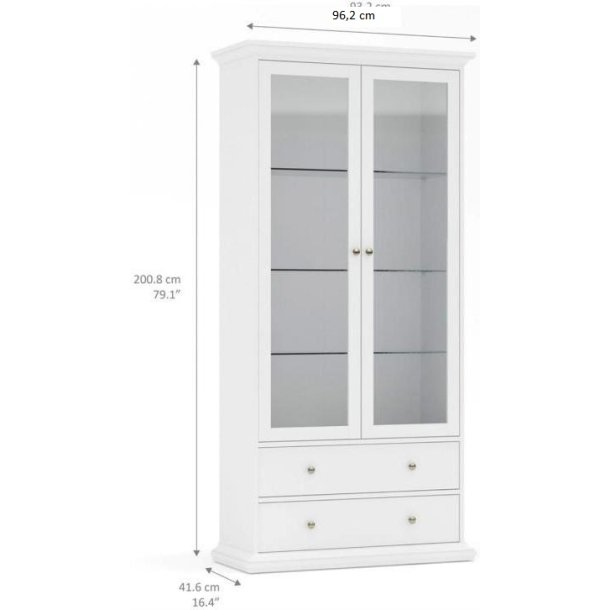 Frisenborg 100 cm bred hvidt vitrineskab med glasdre, hylder og skuffer.