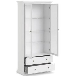 Frisenborg 100 cm bred hvidt vitrineskab med glasdre, hylder og skuffer.