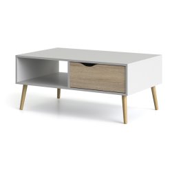 Odense sofabord 100 cm bredt, hvidt med ege look skuffe