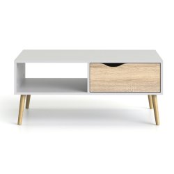 Odense sofabord 100 cm bredt, hvidt med ege look skuffe