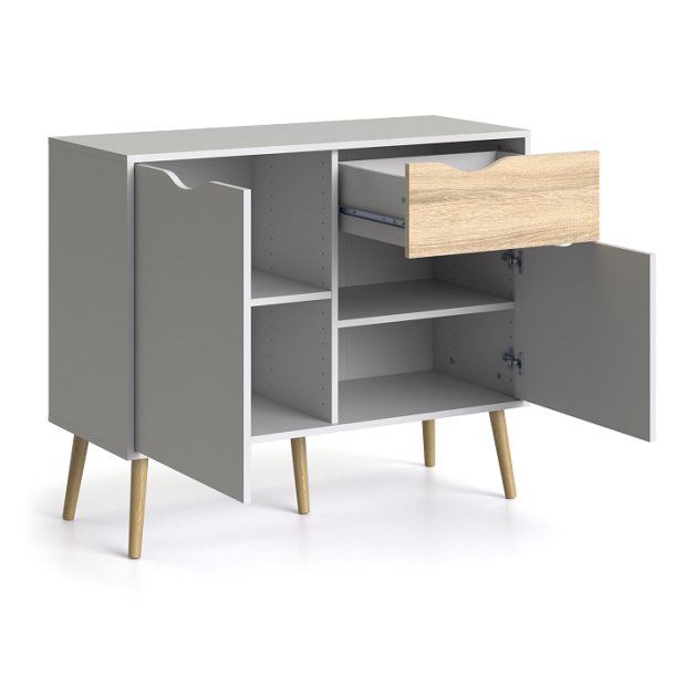 Odense 100 cm  sknk hvid og ege look med 1 skuffe og 2 skabe.