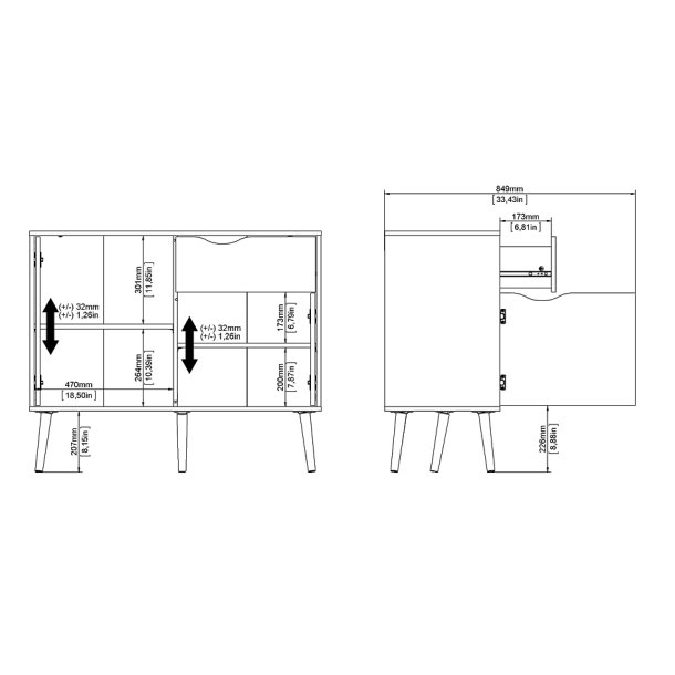 Odense 100 cm  sknk hvid og ege look med 1 skuffe og 2 skabe.