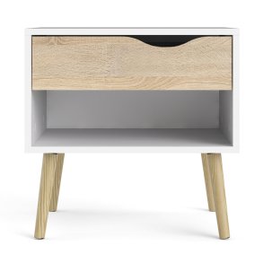Odense 50 cm hvidt natbord med 1 ege look skuffe og bent rum.
