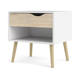 Odense 50 cm hvidt natbord med 1 ege look skuffe og bent rum.