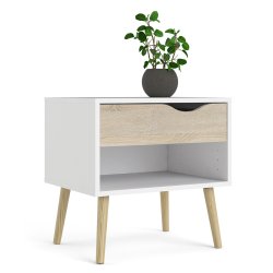 Odense 50 cm hvidt natbord med 1 ege look skuffe og bent rum.