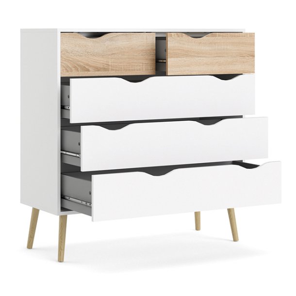 Odense 100 cm bred kommode med 5 skuffer, hvid og ege look 
