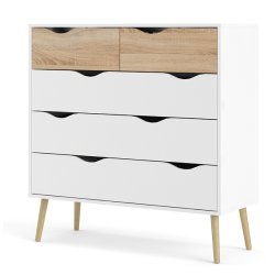 Odense 100 cm bred kommode med 5 skuffer, hvid og ege look 