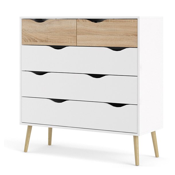 Odense 100 cm bred kommode med 5 skuffer, hvid og ege look 
