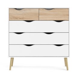 Odense 100 cm bred kommode med 5 skuffer, hvid og ege look 