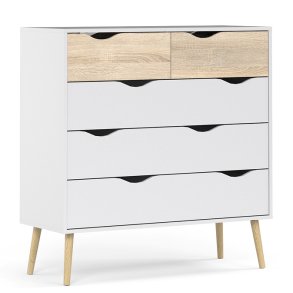 Odense 100 cm bred kommode med 5 skuffer, hvid og ege look 