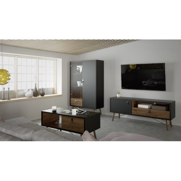 Sor Vitrine matsort/valnd 100 cm med 2 skabe og skuffe