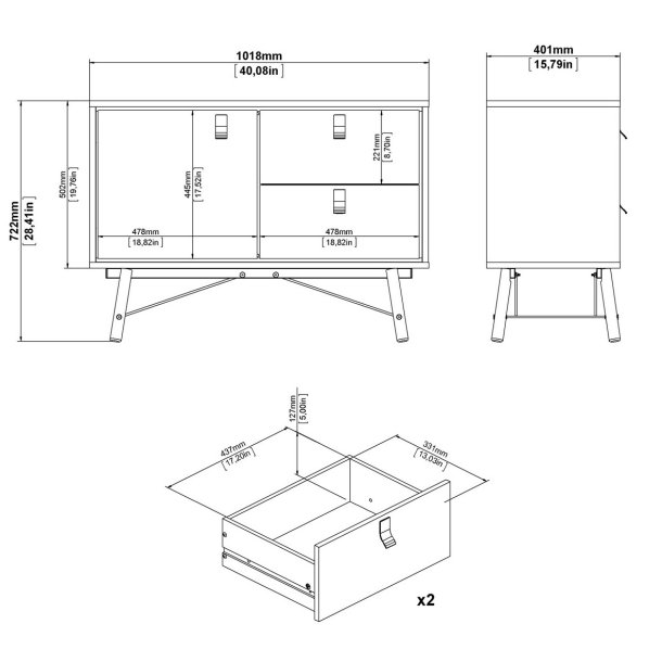 Sor sknk, 100 cm mathvid med skab og to skuffer.