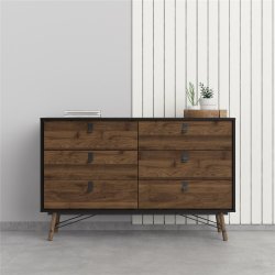  Sor dobbelt kommode, 150 cm matsort/valnd med 6 skuffer