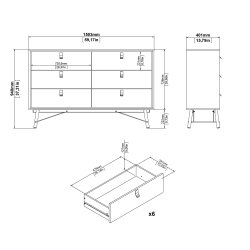  Sor dobbelt kommode, 150 cm matsort/valnd med 6 skuffer