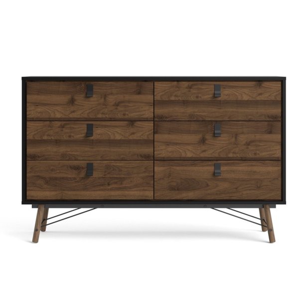  Sor dobbelt kommode, 150 cm matsort/valnd med 6 skuffer