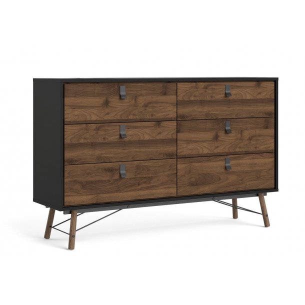  Sor dobbelt kommode, 150 cm matsort/valnd med 6 skuffer