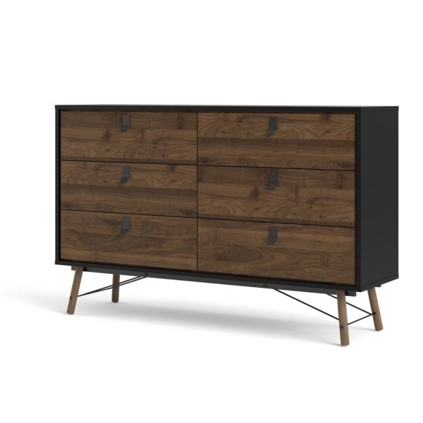  Sor dobbelt kommode, 150 cm matsort/valnd med 6 skuffer