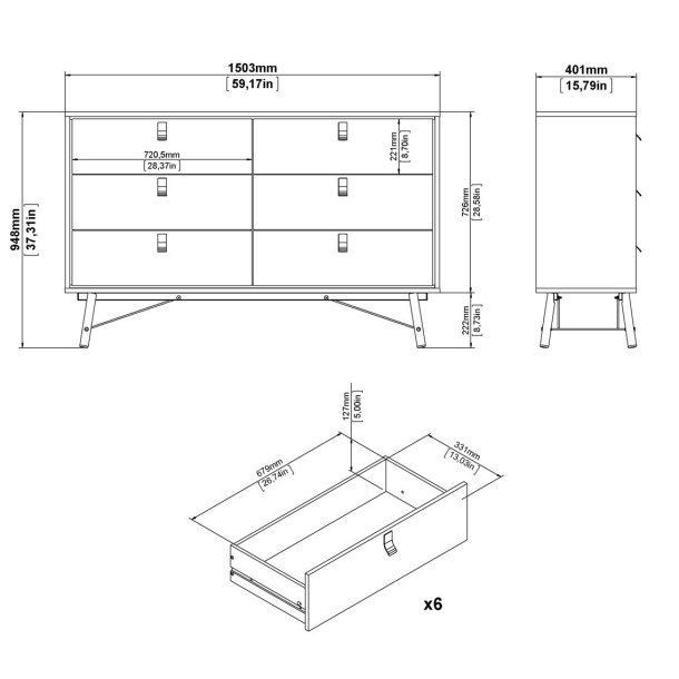 Sor dobbelt kommode, 150 cm mathvid med 6 skuffer