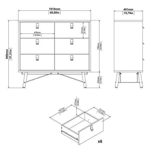Sor kommode, 100 cm mathvid med 6 skuffer