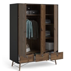 Sor garderobeskab 150 cm bredt, 3 skabe og 3 skuffer, matsort/valnd look