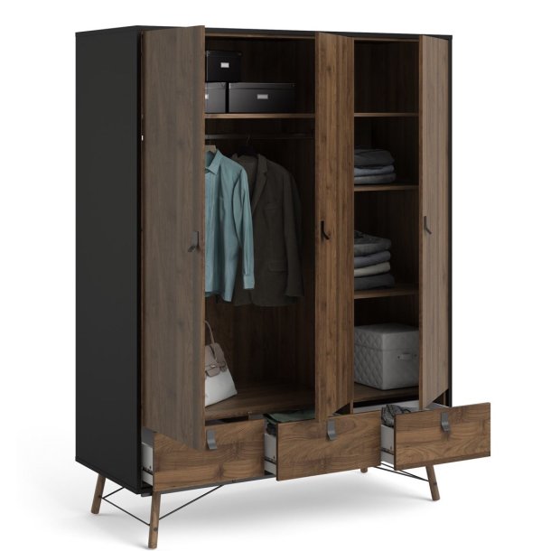 Sor garderobeskab 150 cm bredt, 3 skabe og 3 skuffer, matsort/valnd look