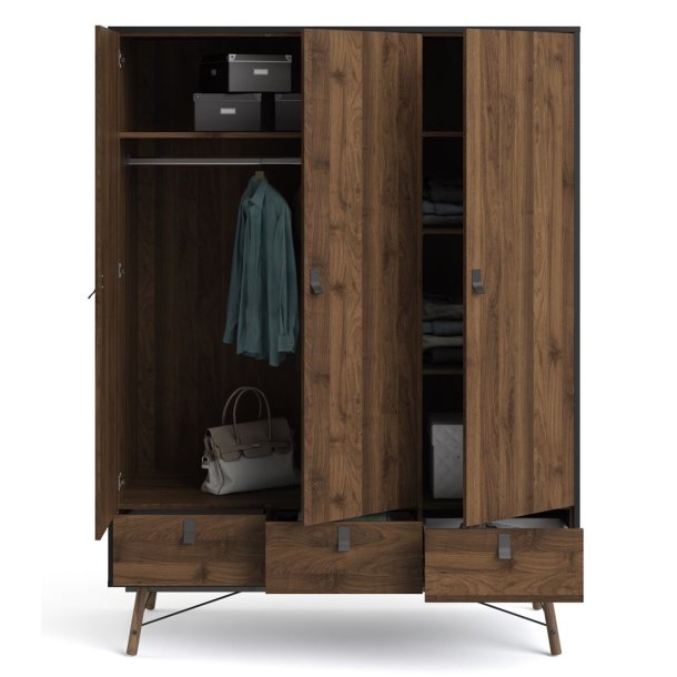 Sor garderobeskab 150 cm bredt, 3 skabe og 3 skuffer, matsort/valnd look